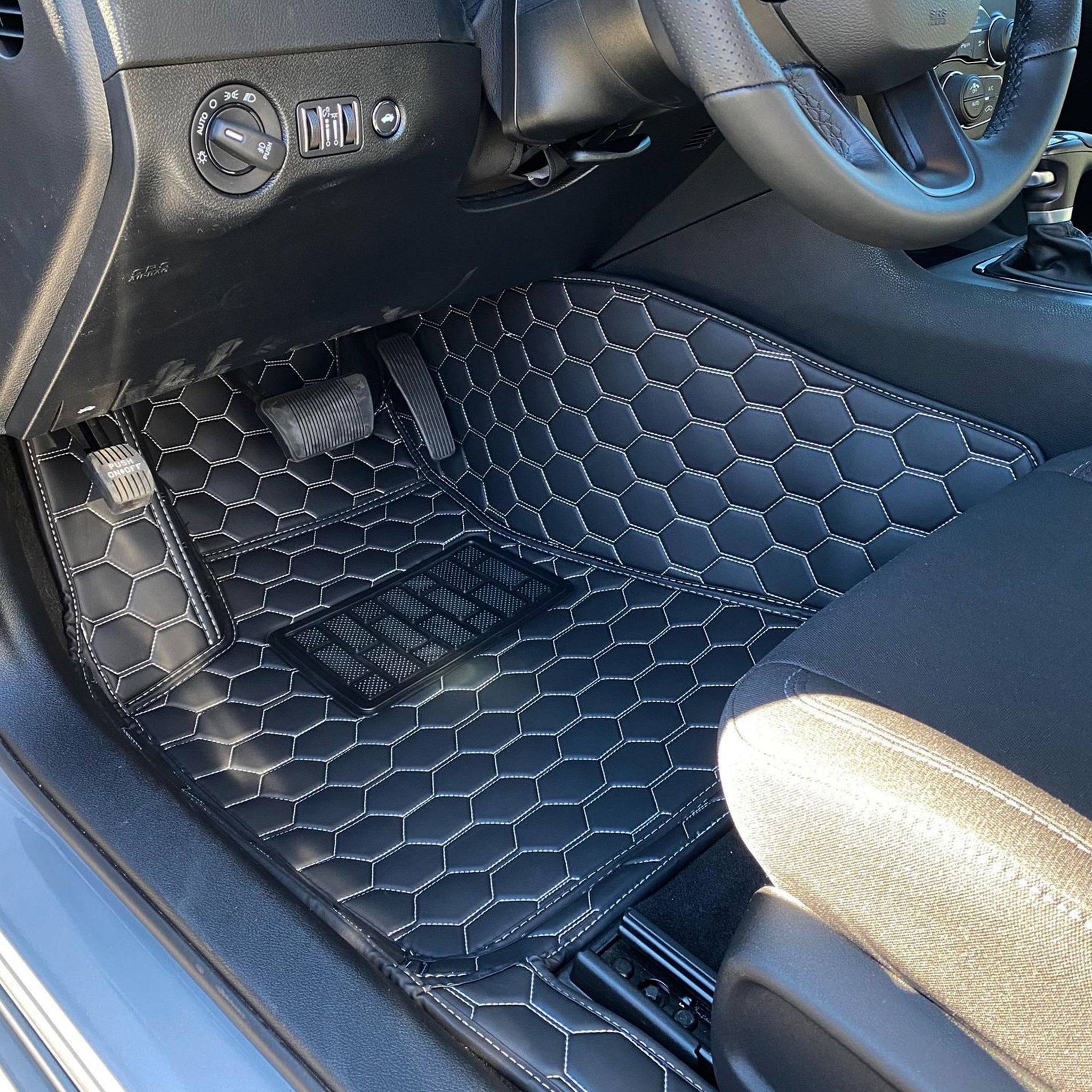 2015-dodge-charger-custom-honeycomb-leather-floor-mat-linersBlack W/ White Stitching