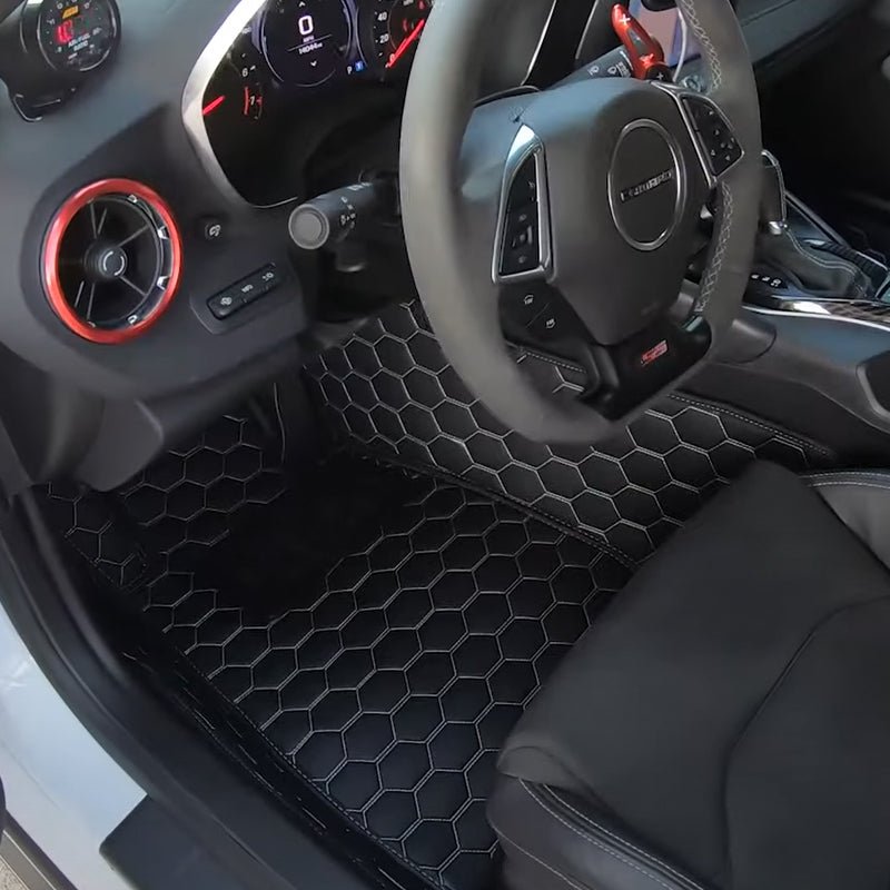 6th-gen-camaro-custom-honeycomb-leather-floor-mat-linersBlack W/ White Stitching